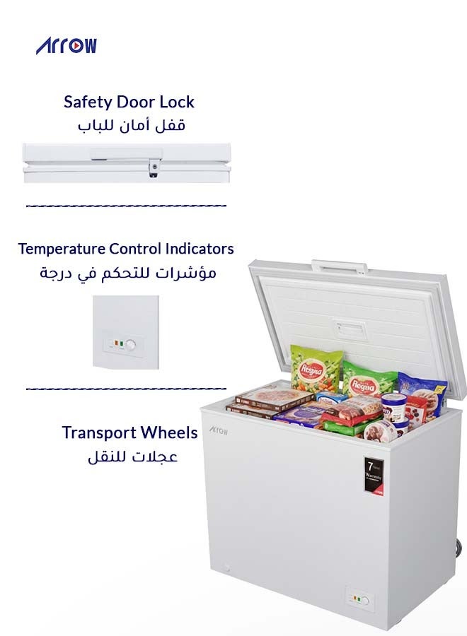 Arrow 200Liters 7.1 Cu.Ft Chest Freezer with Energy Saving,And 7 Years compressor Warranty, Super Freeze, Electronic Temperature Control, Manual Defrost, Recessed External Handle, Wheels, White Finish | Model No: RO-300F - Image 2